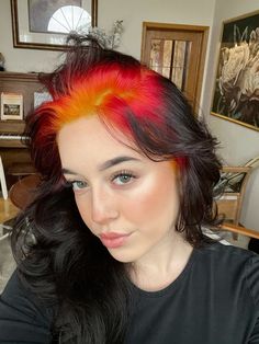 Vivid roots on black hair, fire melt. Fashion Color Root Melt, Fire Roots Hair, Orange Roots Red Hair, Rainbow Roots Black Hair, Fire Dyed Hair, Neon Roots Black Hair, Black Hair With Vivid Highlights, Vivid Roots Hair, Ginger Roots Black Hair