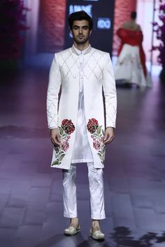 Ivory long sherwani with placement floral, quatrefoil hand embroidery. Paired with an inner kurta and pant. - Aza Fashions Designer White Sets With Floral Embroidery, Designer Sherwani With Floral Embroidery, Designer Floral Embroidered Kurta For Reception, Designer Sherwani With Floral Embroidery For Eid, Designer Sherwani With Floral Embroidery For Diwali, Festive Designer Sherwani With Floral Embroidery, Designer Floral Embroidered Sherwani For Diwali, Designer Floral Embroidery Sherwani For Diwali, Designer Ceremonial Sherwani With Floral Embroidery