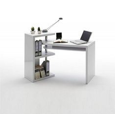 a computer desk with a laptop and bookshelf next to it on a white background