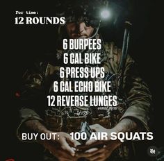 a man holding a cell phone in his hands with the text, 12 rounds 6 burnes 6 gal bike 6 press ups 6 gal echo bike 12 reverse lugs 12 reverse lungs