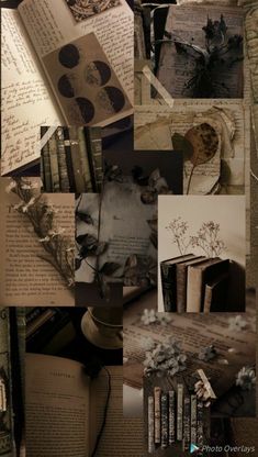 collage of old books with flowers and leaves on them in sepia tone colors