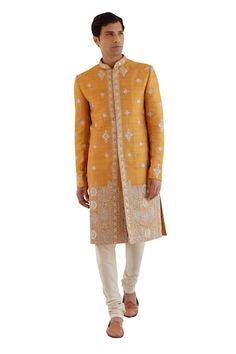 Orange peel raw silk sherwani with zardosi, french knots and aari embroidery. Comes with churidar, a kurta and a dupatta. - Aza Fashions Aari Embroidery, French Knots, Orange Peel, Churidar, Embroidered Silk, Raw Silk, Mandarin Collar, Aza Fashion, Silk