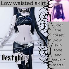 an image of a woman in black and white clothing with text overlay that reads low waisted skirt color the corset your skin tone and make it matte