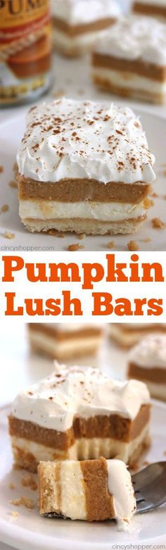 pumpkin lush bars with marshmallow frosting and cinnamon sugar on top, sitting on a white plate