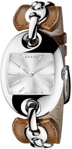 GUCCI Swiss Marina Chain Camel Leather Bangle Bracelet 33x43mm Leather Bangle, Watches Jewelry, Arm Candy, Luxury Watches