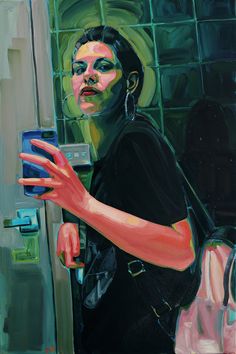 a painting of a woman holding her hand out in front of a mirror with the reflection of herself