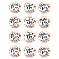 twelve mother's day stickers with flowers and the words happy mother on them