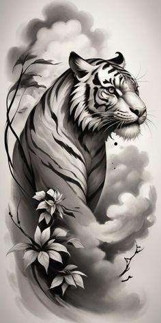 a black and white drawing of a tiger in the sky with flowers on it's side