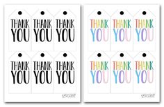 four thank tags with the words thank you and thank you written in different colors on them