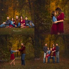 a couple holding each other while sitting on a bench in front of trees with fall foliage