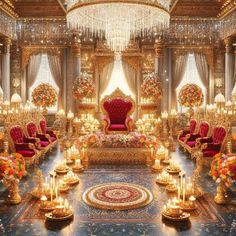 an elaborately decorated room with red chairs and candles