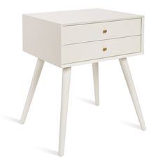 a white wooden table with two drawers on one side and three legs on the other