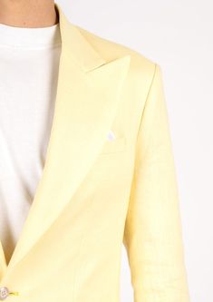 Experience true elegance in this Liberty Light Yellow Linen Suit. Handcrafted from 100% linen, this eye-catching custom made suit will make you look and feel like a million bucks with its bright and stylish summer vibes. Perfect for stand out occasions, your exquisite outfit will turn heads. Luxury Fitted Summer Sets, Luxury Fitted Sets For Summer, Summer Blazer With Single Button And Suit Collar, Fitted Linen Summer Suits, Summer Fitted Linen Suit, Luxury Fitted Suits For Spring, Luxury Tailored Suits For Summer, Luxury Tailored Summer Suits, Classic Fitted Summer Blazer