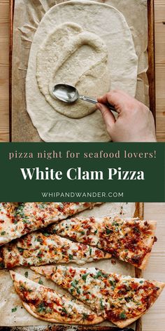 white claim pizza with text overlay that reads, what night for seafood lovers?