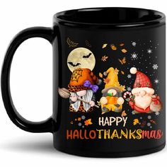 a black coffee mug with three cartoon characters on it and the words happy halloween written in white