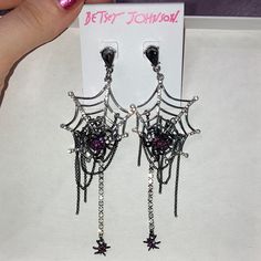 These Are Betsey Johnson Earrings I Bought Last Year And Just Never Wore And Trying To Get Them Off My Hands! Never Even Tried On, Stayed In Box This Whole Time. Would Love If They Went To Someone Who Will Like Them More. Edgy Purple Jewelry For Gift, Edgy Purple Jewelry For Gifts, Edgy Purple Jewelry As Gift, Purple Pierced Earrings For Party, Party Purple Pierced Earrings, Purple Earrings For Halloween Party, Spider Earrings, Betsey Johnson Earrings, Bone Earrings