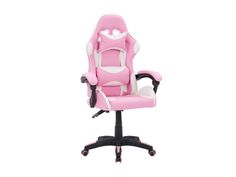 a pink and white office chair with wheels on the bottom, in front of a white background