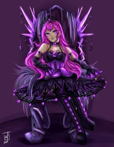 a drawing of a woman with pink hair sitting on a chair in front of a purple background