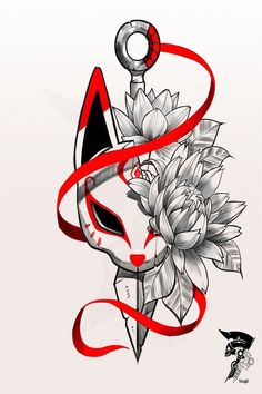 a drawing of a mask and flowers on a white background with red ribbon around it