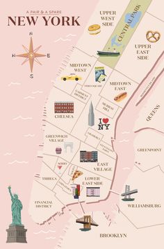 an illustrated map of new york with the statue of liberty and other attractions on it