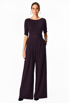 Shop Cotton jersey belted palazzo jumpsuit | eShakti Jumpsuits Womens Fashion, Palazzo Jumpsuit, Mob Dresses, Knit Jumpsuit, Fall Clothes, Fashion Designs, Little White Dresses, Dresses Women, Women Clothes