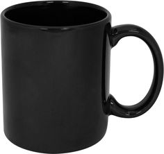 a black coffee mug is shown on a white background, with the handle slightly down