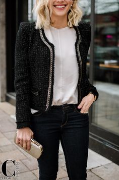 Channel Jacket Outfit Tweed Blazer, Chic Fitted Black Tweed Jacket, Black Fitted Tweed Blazer, Chanel Blazer Outfit, Chic Black Long Sleeve Tweed Jacket, Black Tweed Blazer Outfit, Black Tweed Jacket Outfit, Chanel Jacket Outfit, Chanel Black Tweed Jacket