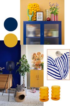 a room with yellow, blue and white decor on the walls next to a cabinet