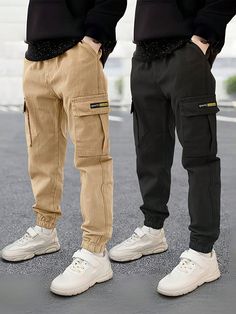 Black Casual Collar   Letter Cargo Pants Embellished Slight Stretch Spring/Summer/Fall Tween Boys Clothing Boys Fall Style, Casual Striped Shirt, Boys Cargo Pants, Elastic Waist Trousers, Clothes For Spring, Cotton Cargo Pants, Color Season, Pants Elastic Waist, Pants Green