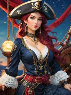 a woman dressed as a pirate with long red hair wearing a black hat and blue dress