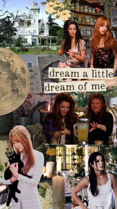 the collage shows two women and a cat in front of a full moon with words above them