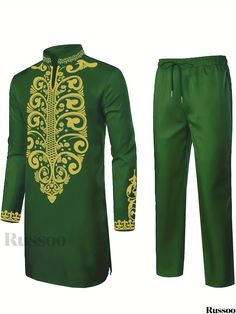 Russoo - Culturally Inspired Mens 2-Piece Ensemble: Traditional African Print Button-Up Shirt and Pants Set Casual Green Long Sleeve Pant Set, Casual Green Two-piece Pant Set, Green Two-piece Long Sleeve Pant Set, Green Long Sleeve Matching Pant Set, Traditional Attire For Men, Shirt And Pants Set, Matching Pants Set, Ruffle Pattern, Dashiki Shirt