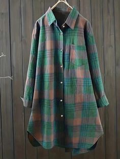 Classic Women's Oversized Long Sleeve Green Plaid Modest Shirt Dark Green Casual  Long Sleeve Woven Fabric Plaid  Non-Stretch  World Apparel, size features are:Bust: ,Length: ,Sleeve Length: Long Shirt Women, Drop Shoulder Shirt, Modest Tops, Long Sleeve Plaid Shirt, Women Blouses, Loose Shirts, Roll Up Sleeves, Plaid Print, Plus Size Blouses