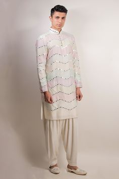 Buy Multi Color Silk Chanderi Embroidered Mirror Work Kurta Set For Men by Jubinav Chadha Online at Aza Fashions. Mirror Work Kurta, Color Mirror, Kurta Set For Men, Dhoti Pants, Types Of Work, Mirror Work, Fabric Silk, Kurta Set, Aza Fashion