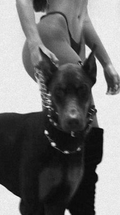 black and white photograph of a woman on top of a dog wearing a collar with chains around her neck