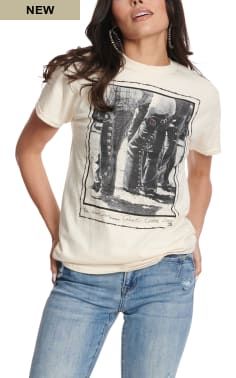 Pure West Women's Natural "Chaps" Black & Grey Graphic T-Shirt Fitted Graphic Print T-shirt For Rodeo, Graphic Print T-shirt For Rodeo, Casual Graphic Print Tops For Western-themed Events, Fitted Graphic Print Tops For Western-themed Events, Western Style Relaxed Fit T-shirt With Screen Print, Fitted Graphic Print T-shirt For Western-themed Events, Casual Fitted T-shirt For Western-themed Events, Fitted Casual T-shirt For Western-themed Events, Casual Crew Neck T-shirt For Western-themed Events