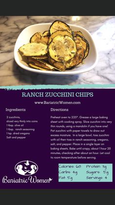 the recipe for ranch zucchini chips is shown on a white plate with purple lettering