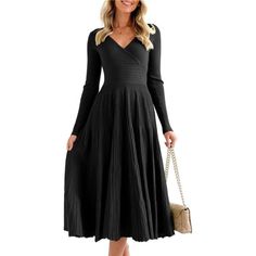 - Color: Black - Material - Long Sleeve Knit Midi Dress Made From High Quality Skin-Friendly Thick Knitted Fabric, Super Soft Cozy To Wear, Keep You Warm In Spring Fall And Winter - Feature - Deep V Neck, Faux Wrap, Pleated A Line Hem, Fit And Flare, Long Flowy Swing Dress, Plain Solid Color, Ribbed Knit Maxi Dress, Ruched High Waisted Dresses, Tight Fitted Pullover Sweater Dress - Occasion - Trendy Spring Midi Dresses Perfect For Any Occasions, Like Formal Cocktail Wedding Guest Dress, Elegant Winter A-line Midi Dress For Date Night, Fall V-neck Solid Color Sweater Dress, Fitted V-neck Sweater Dress In Solid Color, Solid Color Fall Evening Midi Dress, Black V-neck Sweater Dress For Evening, Solid Pleated Midi Dress For Winter, Black Solid Midi Dress For Winter, Black Solid Color Winter Midi Dress, Black Winter Midi Dress