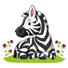 a cartoon zebra sitting on the grass with flowers around it's neck and head