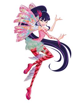 a pretty fairy with long hair and pink shoes is flying through the air in her colorful outfit