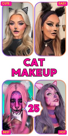 Cat makeup is a Halloween favorite, offering endless possibilities for a cute and spooky look. For a simple, black kitty style, follow easy tutorials that cater to both kids and adults. Women can achieve a Halloween pretty appearance with a focus on the eyes, adding jewels for extra flair. For a more elaborate look, try a Cheshire cat or calico design. These ideas are perfect for a fun and festive Halloween costume. Halloween Cat Eye Makeup, Cat Halloween Makeup For Women, Black Cat Costume Makeup, Cat Costumes Women Makeup, Cat Face Makeup Halloween, Simple Cat Makeup Halloween, Scary Cat Makeup, Cute Cat Makeup For Halloween, Kitty Makeup Halloween