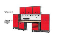 a garage workbench with red cabinets and tools