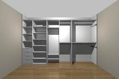 an empty closet is shown with shelves and drawers