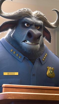 an animated character in a blue uniform with horns and stars on it's head