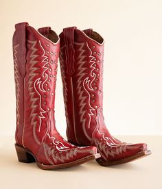 Circle G By Corral Studded Western Leather Boot - Red US 8-1/2, Women's Red Embroidered leather cowboy boot Lightly cushioned footbed 13 shaft snip toe 14 calf circumference 2 heel. Due to the nature of leather/suede, small variances of color in the skin may occur, this is in no way considered a defect. These are inherent characteristics of leather/suede and will enhance the individual look of your garment.. Upper: Cowhide. Lining: Pig. Sole: Leather. Boot Care: Wiping down the leather uppers af Red Leather Boots For Ranch, Red Boots With Reinforced Snip Toe, Red Leather Boots For Rodeo, Red Snip Toe Boots With Reinforced Heel, Red Snip Toe Boots For Western-themed Events, Western Red Snip Toe Boots, Western Red Boots With Snip Toe, Red Leather Wide Calf Boots, Red Wide Calf Leather Boots