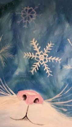 a painting of a white cat with snowflakes on it's face and nose