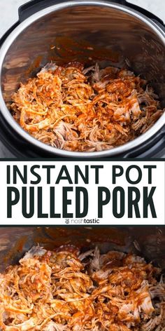 an instant pot pulled pork recipe in the slow cooker with text overlay that reads instant pot pulled pork