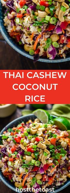 thai cashew coconut rice in a blue bowl with limes and red peppers on the side