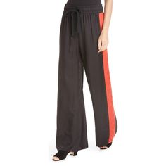 Vibrant Side Stripes And A Comfy Drawstring Waist Impart Athletic Ease To Luminous Wide-Leg Pants. 30" Inseam; 28" Leg Opening; 13" Front Rise; 16" Back Rise Elastic/Drawstring Waist 100% Cupro Black Silk Wide-leg Pants, Chic Black Silk Bottoms, Chic Red Silk Bottoms, Black Silk Bottoms For Workwear, Black Silk Pants For Night Out, Black Silk Trousers, Cinq A Sept, Side Stripe, Striped Pants