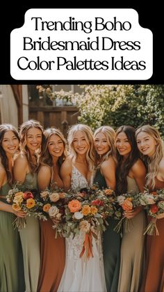 A group of bridesmaids wearing boho-inspired dresses in a mix of earthy tones like sage green, terracotta, and dusty rose, showcasing relaxed, chic vibes perfect for a stylish wedding. Boho Bridesmaids Dresses, Soft Green Wedding Colors, Earthy Neutral Bridesmaid Dresses, Different Color Bridesmaid Dresses Boho, Warm Earth Tone Bridesmaid Dresses, Muted Fall Bridesmaid Dresses, Fall Boho Wedding Color Palettes Bridesmaid Dresses, Sage Green And Burnt Orange Bridesmaid Dresses, Fall Wedding Bridal Party Attire